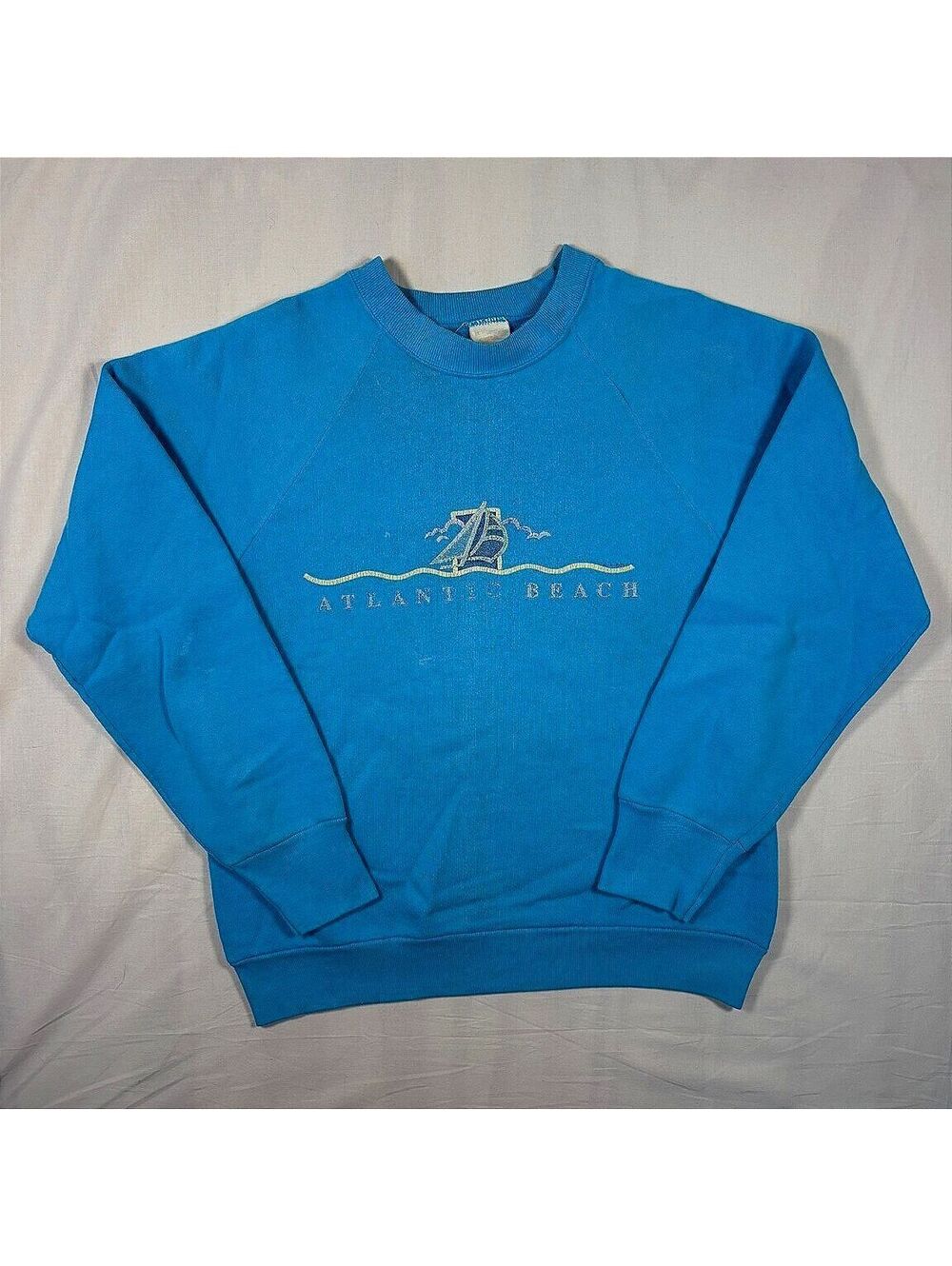 VTG 80s Atlantic Beach NC Sailboat Raglan Crewneck Sweatshirt Turquoise Medium